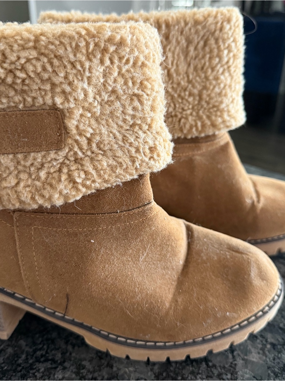 SHEIN Chestnut Suede Shearling Cuff Heeled Booties